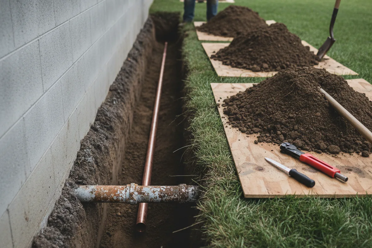 Excavated water line trench during Sewer Line Repair in Redding